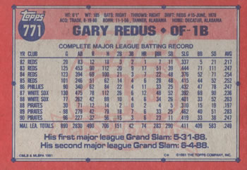1991 Topps #771 Gary Redus Back