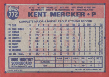 1991 Topps #772 Kent Mercker Back