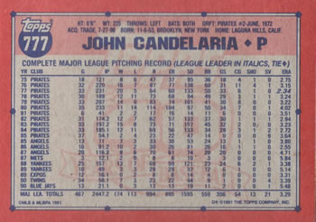 1991 Topps #777 John Candelaria Back