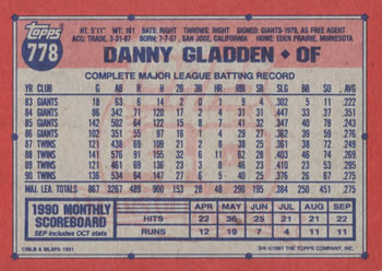 1991 Topps #778 Danny Gladden Back