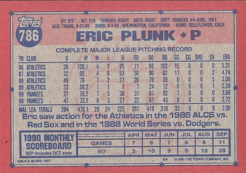 1991 Topps #786 Eric Plunk Back