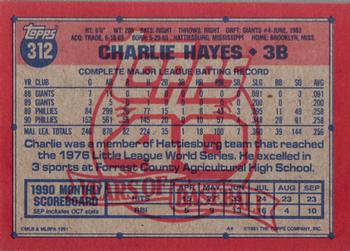 1991 Topps #312 Charlie Hayes Back