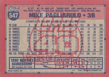 1991 Topps #547 Mike Pagliarulo Back