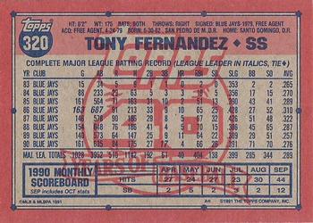 1991 Topps #320 Tony Fernandez Back