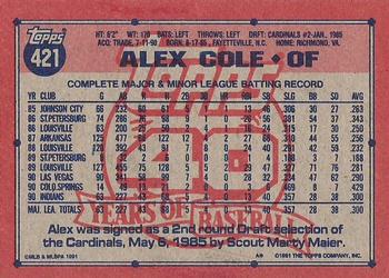 1991 Topps #421 Alex Cole Back