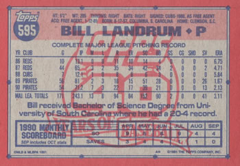 1991 Topps #595 Bill Landrum Back
