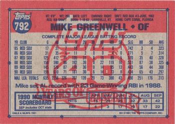 1991 Topps #792 Mike Greenwell Back