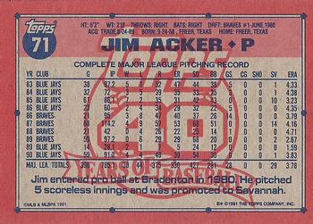 1991 Topps #71 Jim Acker Back