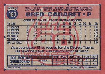 1991 Topps #187 Greg Cadaret Back