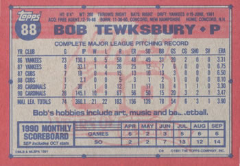 1991 Topps #88 Bob Tewksbury Back