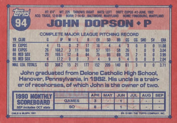 1991 Topps #94 John Dopson Back