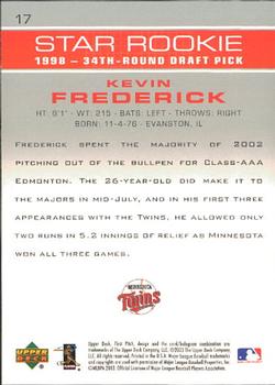 2003 Upper Deck First Pitch #17 Kevin Frederick Back