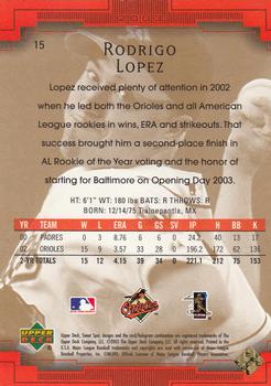 2003 Upper Deck Sweet Spot #15 Rodrigo Lopez Back