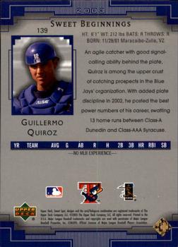 2003 Upper Deck Sweet Spot #139 Guillermo Quiroz Back