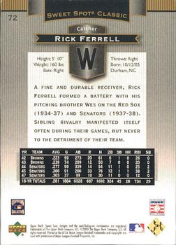 2003 Upper Deck Sweet Spot Classic #72 Rick Ferrell Back