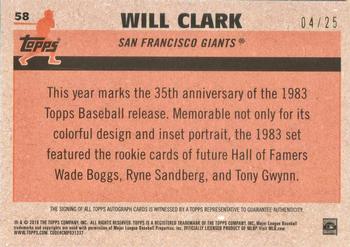2018 Topps - 1983 Topps Baseball 35th Anniversary Chrome Silver Pack Autographs Orange Refractor #58 Will Clark Back