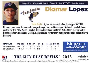 2016 Grandstand Tri-City Dust Devils #NNO Diomar Lopez Back