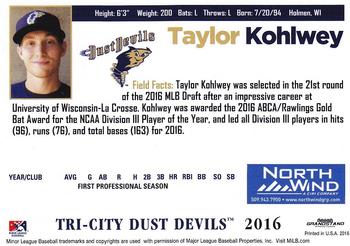 2016 Grandstand Tri-City Dust Devils #NNO Taylor Kohlwey Back