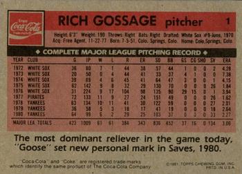 1981 Topps Coca-Cola New York Yankees Promo #1 Rich Gossage Back