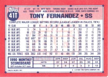 1991 Topps Traded #41T Tony Fernandez Back