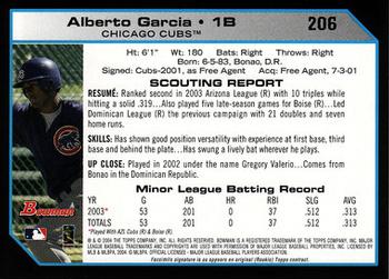 2004 Bowman #206 Alberto Garcia Back