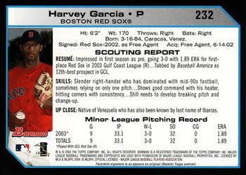 2004 Bowman #232 Harvey Garcia Back