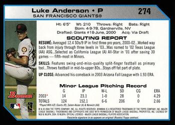 2004 Bowman #274 Luke Anderson Back
