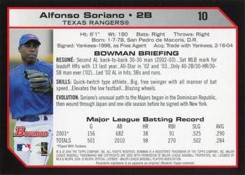 2004 Bowman #10 Alfonso Soriano Back