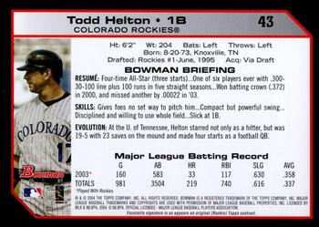 2004 Bowman #43 Todd Helton Back