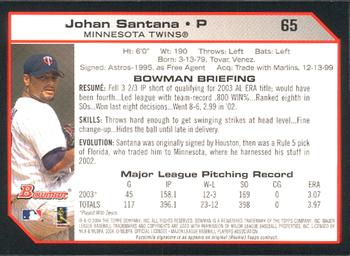 2004 Bowman #65 Johan Santana Back