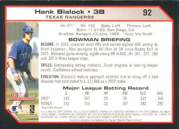 2004 Bowman #92 Hank Blalock Back