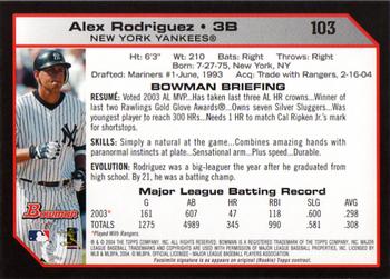 2004 Bowman #103 Alex Rodriguez Back