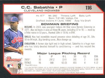 2004 Bowman #116 C.C. Sabathia Back