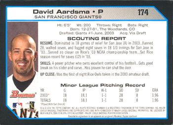 2004 Bowman #174 David Aardsma Back