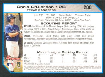2004 Bowman #200 Chris O'Riordan Back