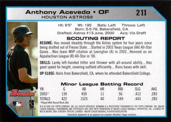 2004 Bowman #211 Anthony Acevedo Back