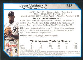 2004 Bowman #243 Jose Valdez Back