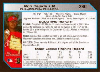 2004 Bowman #290 Rob Tejeda Back