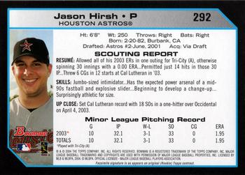 2004 Bowman #292 Jason Hirsh Back