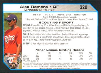 2004 Bowman #320 Alex Romero Back