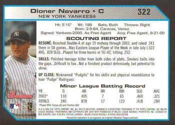 2004 Bowman #322 Dioner Navarro Back