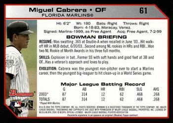 2004 Bowman #61 Miguel Cabrera Back