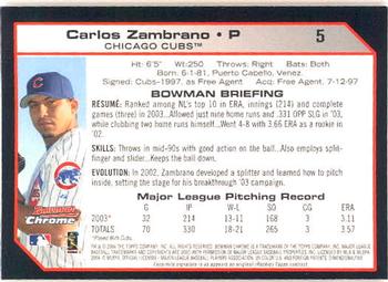 2004 Bowman Chrome #5 Carlos Zambrano Back