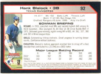 2004 Bowman Chrome #92 Hank Blalock Back