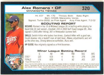 2004 Bowman Chrome #320 Alex Romero Back