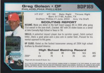 2004 Bowman Draft Picks & Prospects - Chrome #BDP169 Greg Golson Back