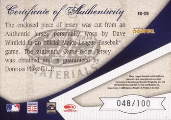 2004 Leaf Certified Materials - Fabric of the Game AL/NL #FG-26 Dave Winfield Back