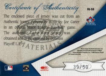 2004 Leaf Certified Materials - Fabric of the Game Position #FG-59 Joe Carter Back