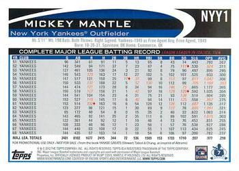 2012 Topps Yankee Greats Book Promo #NYY1 Mickey Mantle Back