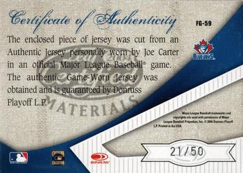 2004 Leaf Certified Materials - Fabric of the Game Reward #FG-59 Joe Carter Back